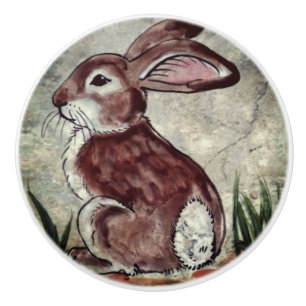 Cute Brown Rabbit on Grey Stone Watercolor Look Ceramic Knob