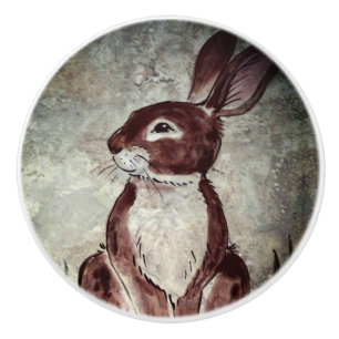 Cute Brown Rabbit on Grey Stone Watercolor Look  Ceramic Knob
