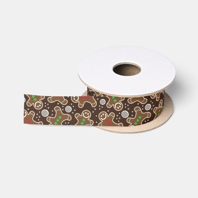 Cute Brown Red Green Christmas Gingerbreads Satin Ribbon (Spool)