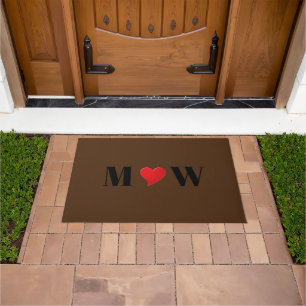Cute brown red heart custom couple monogram doormat