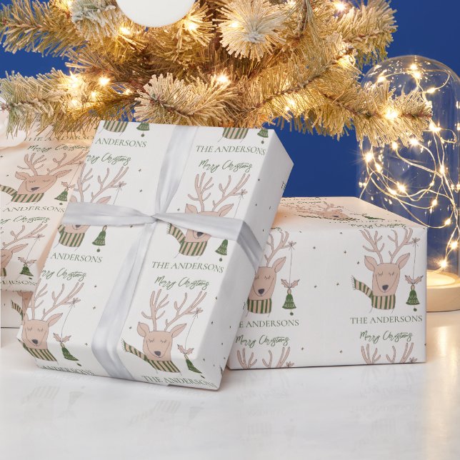 Cute Brown Rein Deer Stars Illustration Christmas Wrapping Paper (Holidays)