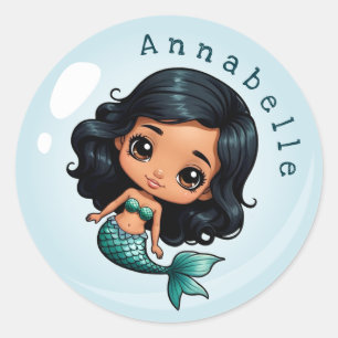 Cute Brown-skinned Mermaid in a Bubble Personalize Classic Round Sticker