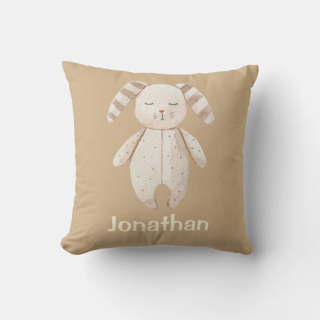 Cute Brown Sleepy Bunny Name Nursery Throw Pillow (Front)