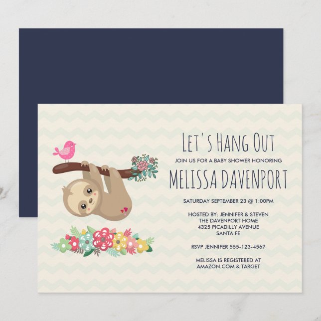 Cute Brown Sloth Hanging from a Branch Baby Shower Invitation (Front/Back)