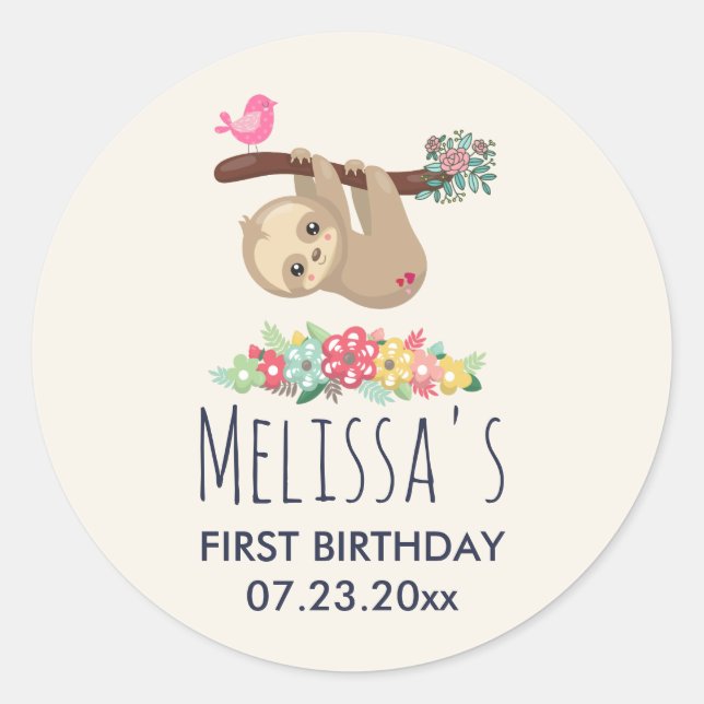 Cute Brown Sloth Hanging Upside down Birthday Classic Round Sticker (Front)