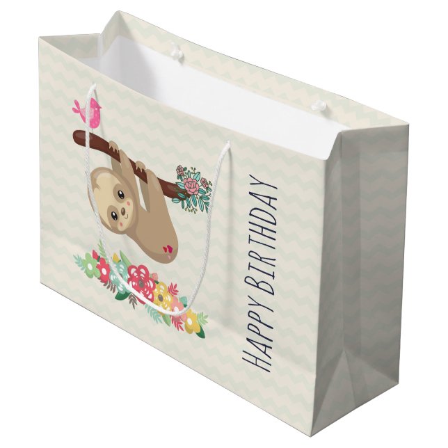 Cute Brown Sloth Hanging Upside down Birthday Large Gift Bag (Front Angled)