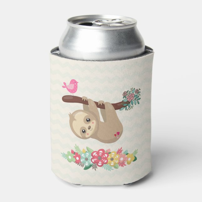 Cute Brown Sloth Hanging Upside down Can Cooler (Can Front)