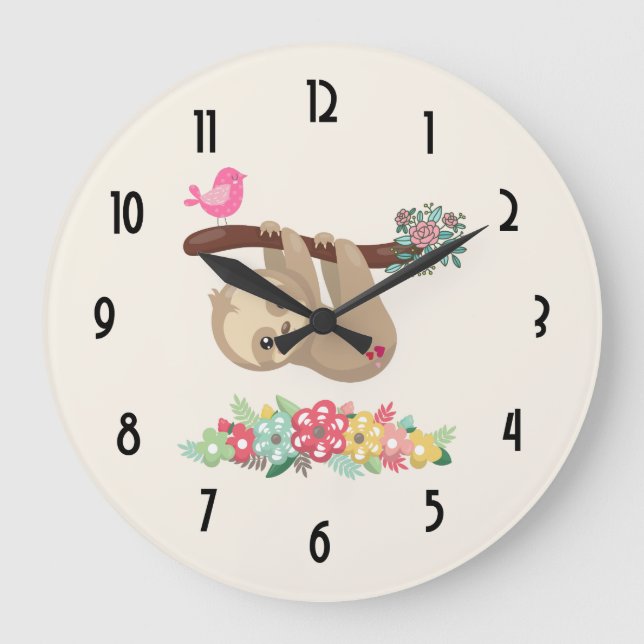 Cute Brown Sloth Hanging Upside down Large Clock (Front)