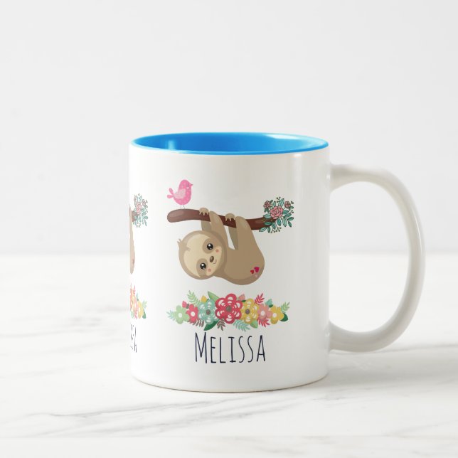 Cute Brown Sloth Hanging Upside down Two-Tone Coffee Mug (Right)