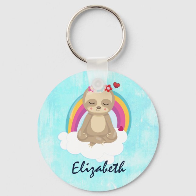 Cute Brown Sloth, Meditating on a Cloud Keychain (Front)