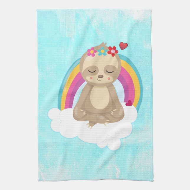 Cute Brown Sloth, Meditating on a Cloud Kitchen Towel (Vertical)