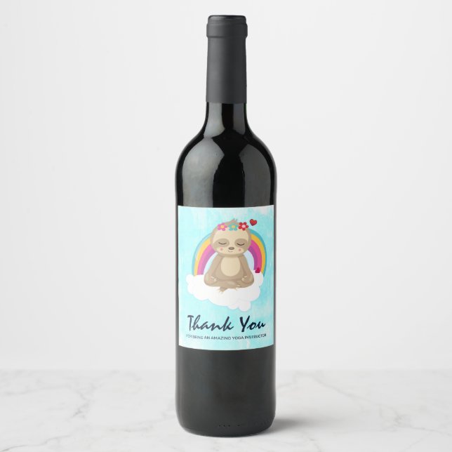 Cute Brown Sloth, Meditating on a Cloud Thank You Wine Label (Front)