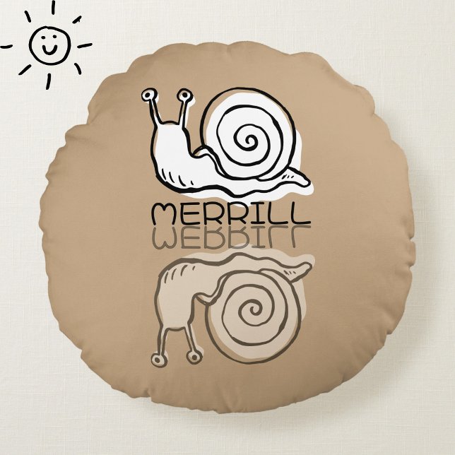 Cute Brown Snail Reflection Doodle Custom Name  Round Pillow (Creator Uploaded)