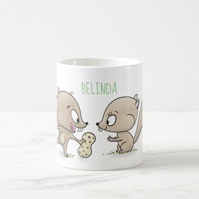 Cute brown squirrels sharing a peanut cartoon coffee mug (Center)