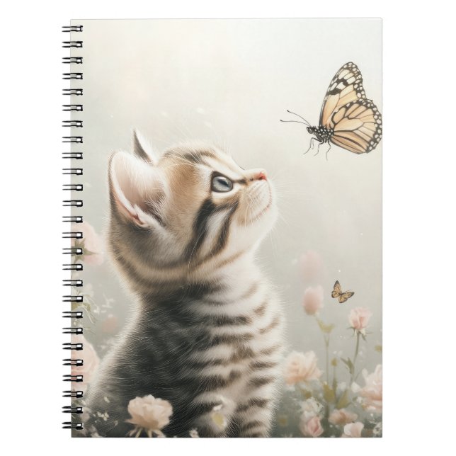 CUTE BROWN TABBY KITTEN WITH BUTTERFLIES NOTEBOOK (Front)