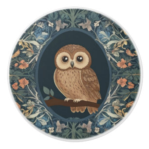 Cute Brown Tawny Owl Navy Dark Blue Floral Flowers Ceramic Knob
