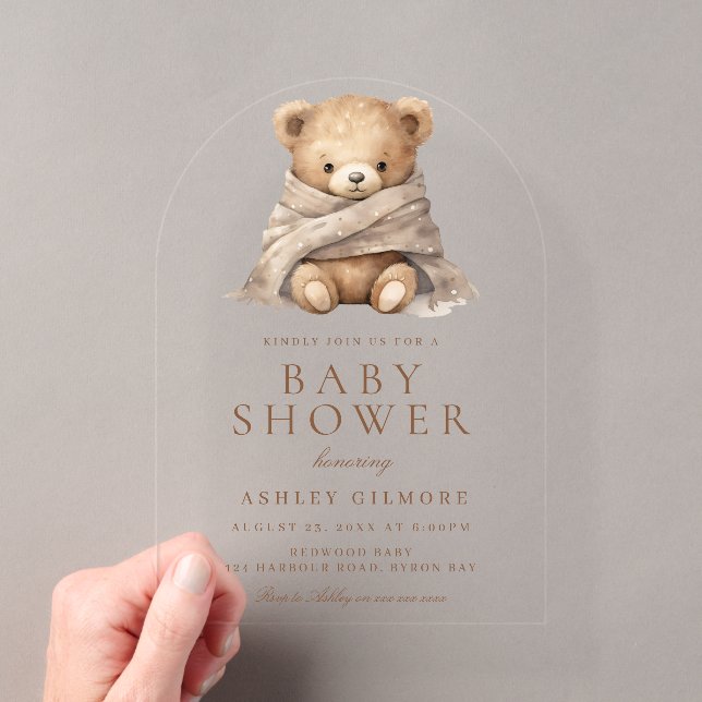 Cute Brown Teddy Bear Baby Shower Acrylic Invitations (Insitu (Handheld))