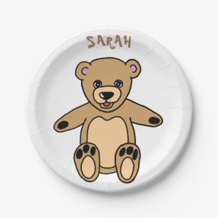 Cute Brown Teddy Bear Birthday Name Paper Plate