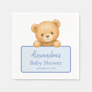 Cute Brown Teddy Bear Blue Baby Boy Shower Napkin