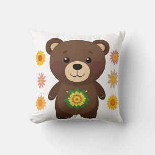 Cute Brown Teddy Bear Cartoon Throw Pillow