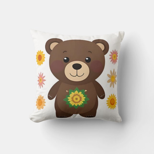 Cute Brown Teddy Bear Cartoon Throw Pillow (Front)