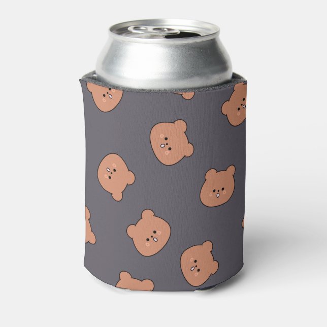 Cute Brown Teddy Bear Face Pattern Dark Blue Can Cooler (Can Back)