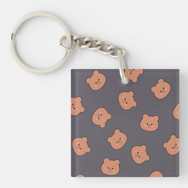 Cute Brown Teddy Bear Face Pattern Dark Blue Keychain (Front)