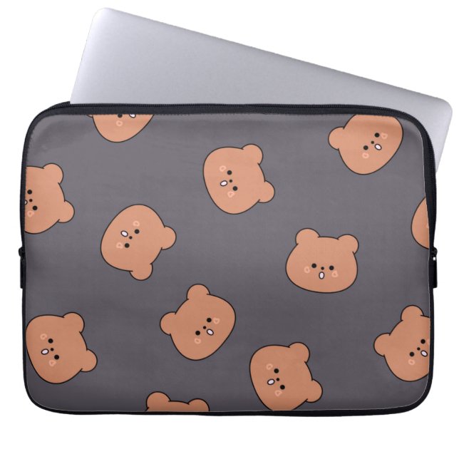 Cute Brown Teddy Bear Face Pattern Dark Blue Laptop Sleeve (Front)