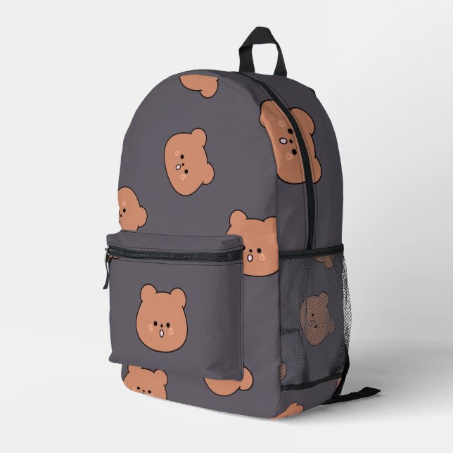 Cute Brown Teddy Bear Face Pattern Dark Blue Printed Backpack (Back Corner Right)