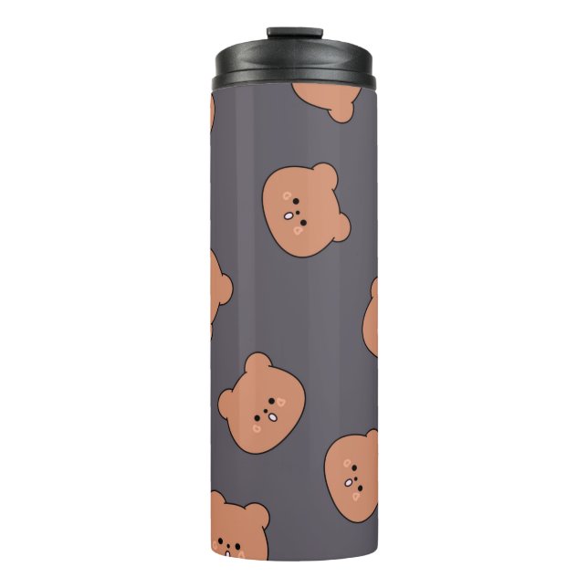 Cute Brown Teddy Bear Face Pattern Dark Blue Thermal Tumbler (Front)