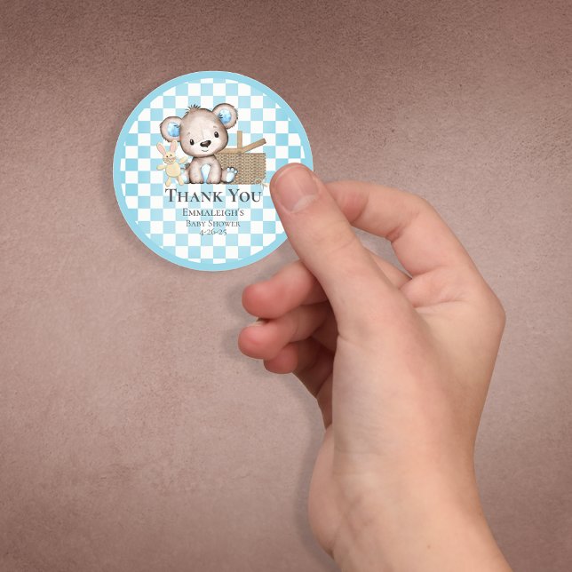 Cute Brown Teddy Bear Picnic Baby Shower Favours Classic Round Sticker (Creator Uploaded)