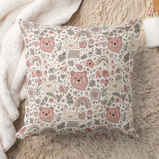 Cute Brown Teddy Bear Rainbow Nursery Throw Pillow (Blanket)
