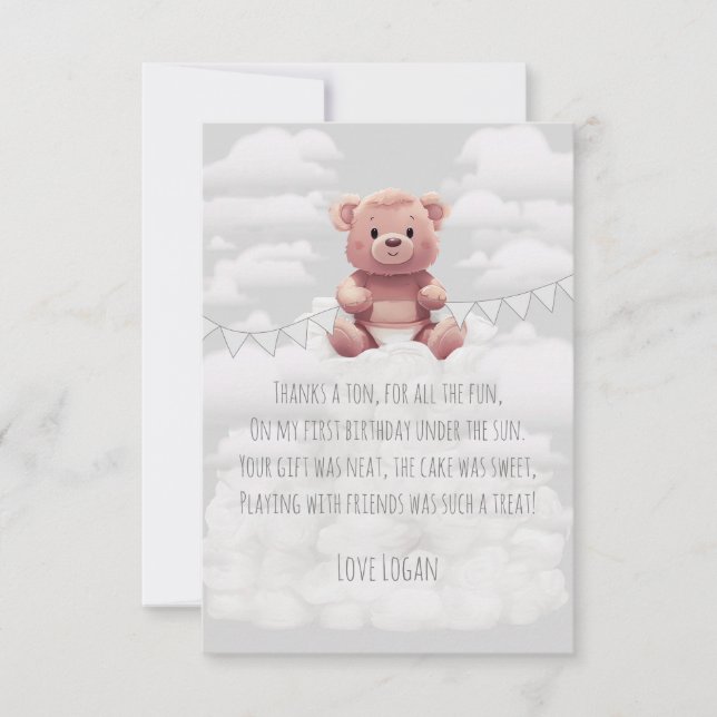 Cute brown Teddy Bear Wild One 1st' First Birthday Thank You Card (Front)