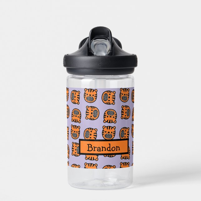 Cute brown tiger face purple pattern water bottle (Front)