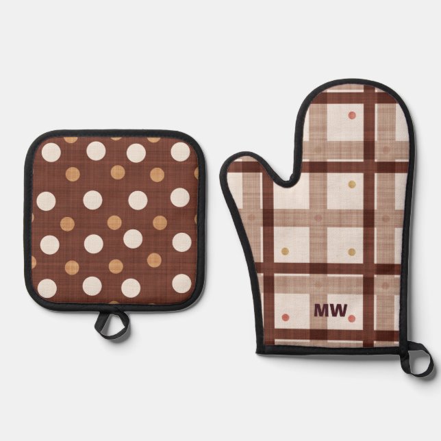 Cute Brown Tones Oven Mitt & Pot Holder Set (Front)