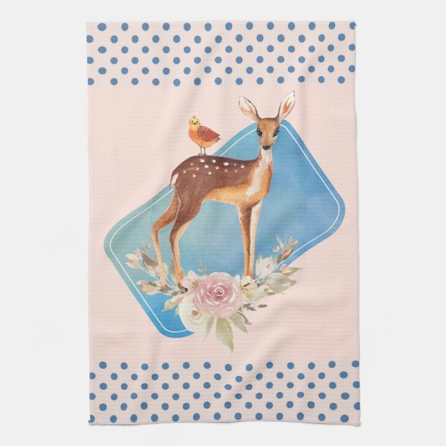 Cute Brown Watercolor Deer Rustic Kitchen Towel (Vertical)