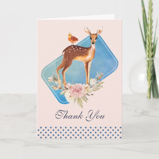 Cute Brown Watercolor Deer Rustic Thank You Card (Front)