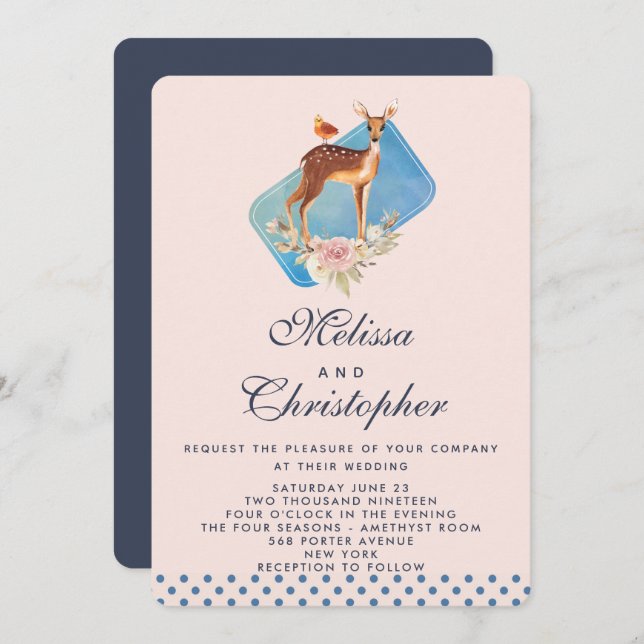 Cute Brown Watercolor Deer Wedding Invitation (Front/Back)