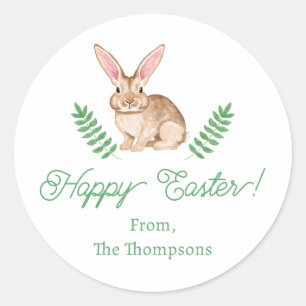 Cute Brown Watercolor Easter Bunny With Greenery Classic Round Sticker
