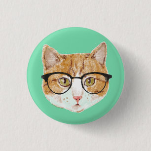 Cute Brown & White Cat Wearing Glasses 1 Inch Round Button