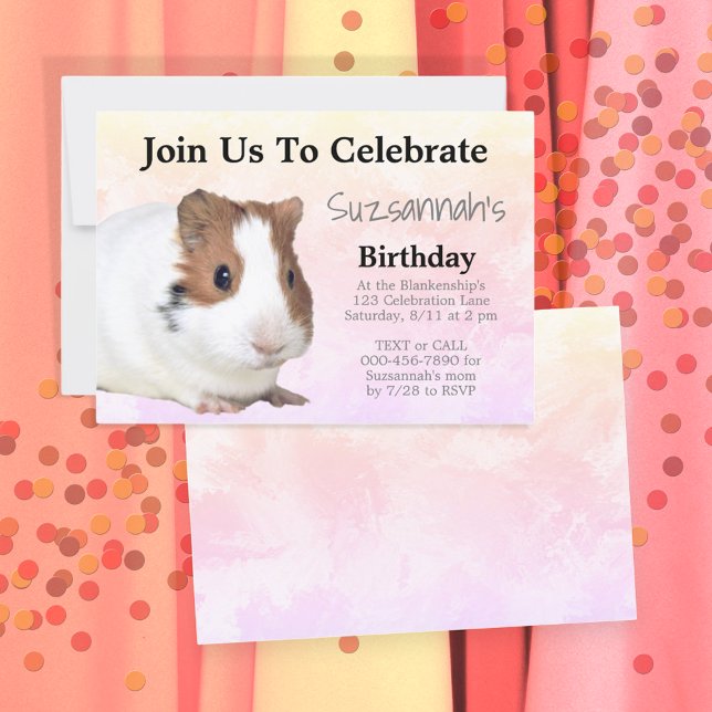 Cute Brown White Guinea Pig Custom Colourful Party Invitation (front and back template invitation)