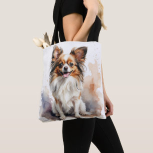 CUTE BROWN & WHITE PAPILLON PUPPY DOG TOTE BAG