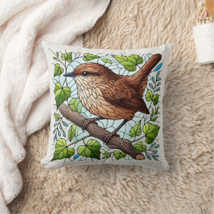 Cute Brown Wren Stained Glass Look, Editable Text Throw Pillow