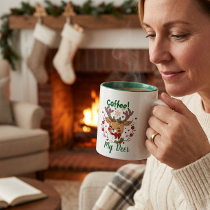 Cute Browns on White REINDEER MOTIF Coffee Mug