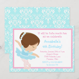 Cute Brunette Ballerina and Blue Damask Invitation