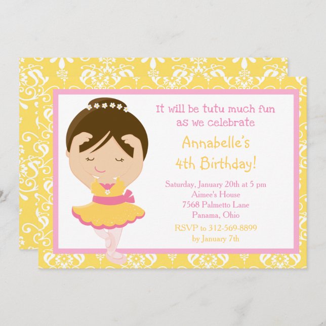 Cute Brunette Ballerina and Yellow Damask Invitation (Front/Back)