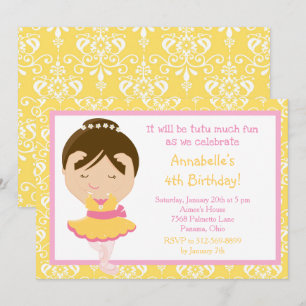 Cute Brunette Ballerina and Yellow Damask Invitation