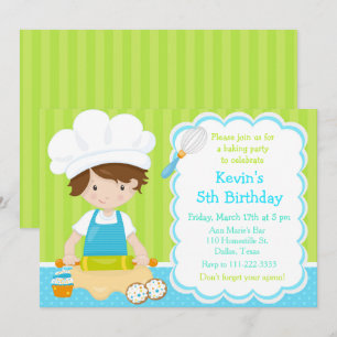 Cute Brunette Boy Baking Birthday Party Invitation