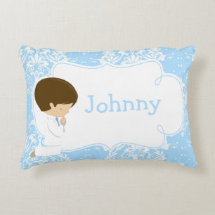 Cute Brunette Boy Praying and Poem Accent Pillow