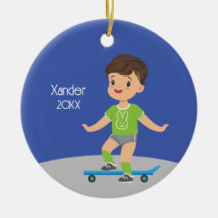 Cute Brunette Boy Skateboard Ceramic Ornament